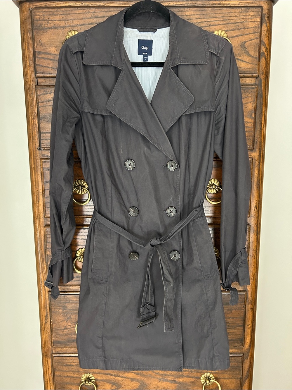 GAP Dark Gray Cotton Double-Breasted Trench Coat with Waist Tie, Size L